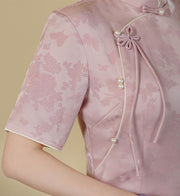2023 Pink Jacquard Midi Qipao Cheongsam Dress