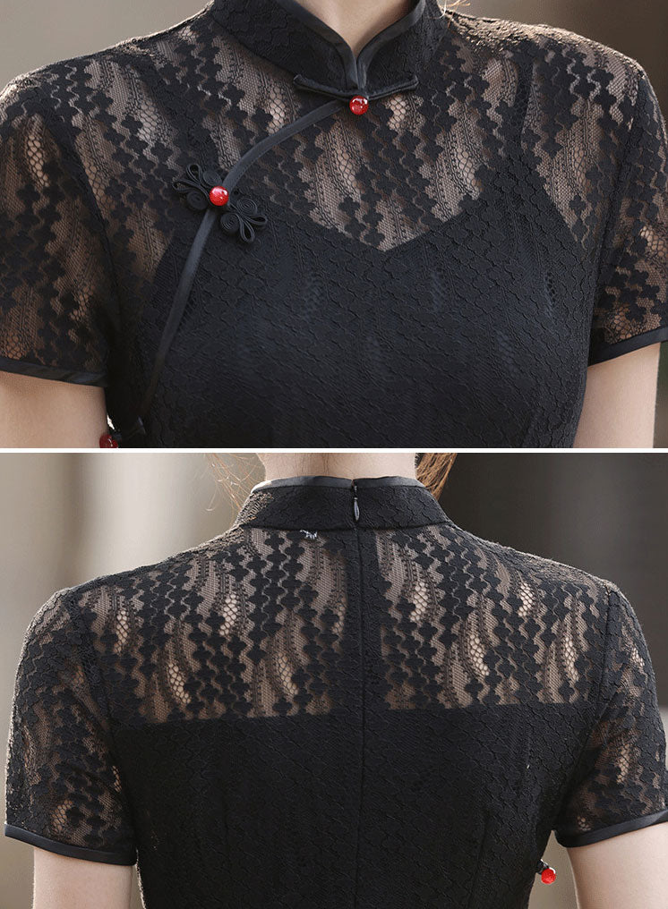 Black Lace Illusion Shoulder Modern Cheongsam Qi Pao Dress