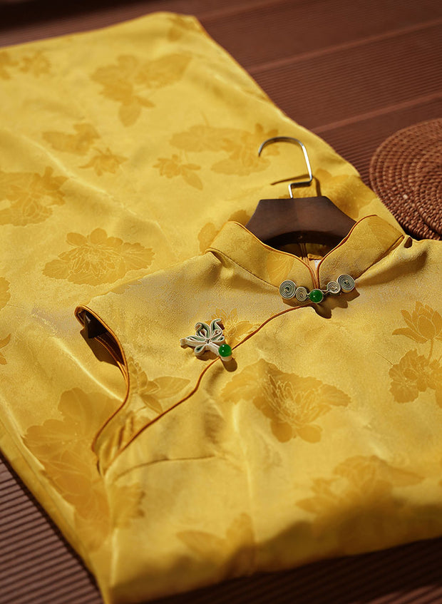 2025 Yellow Green Jacquard Floral Cheongsam Qipao Dress