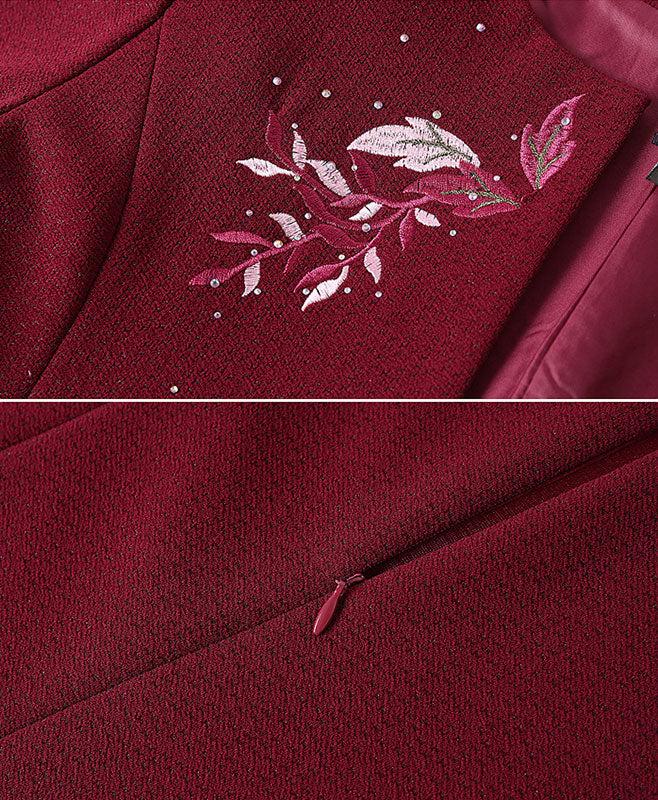 2 Pics Winter Red Mothers Embroidered Cheongsam Dress & Jacket
