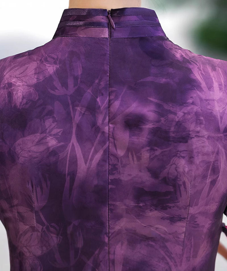Purple Floral Print Silk Long Qipao Cheongsam Dress