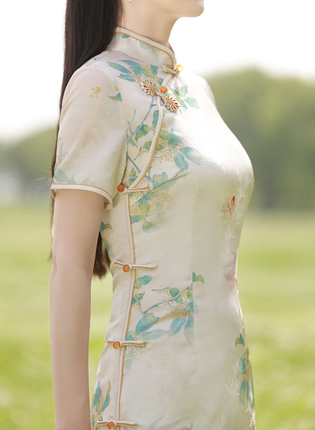 Floral Linen Midi Qipao Cheongsam Dress