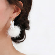 Chinese Zodiac Fluffy Rabbit Clip On Pierced Drop Dangle Earrings