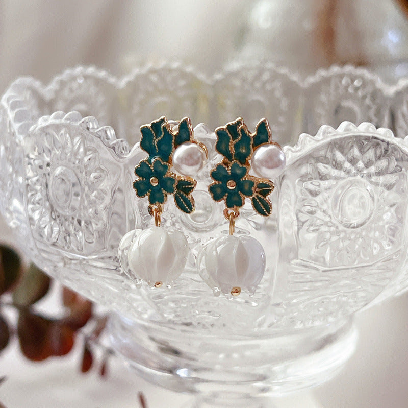 Purple White Glaze Flower Dangle Drop Earrings