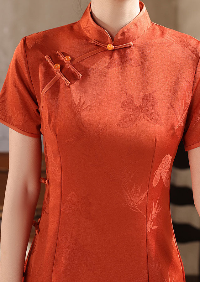 Orange Jacquard Silk Midi Qipao Cheongsam Dress