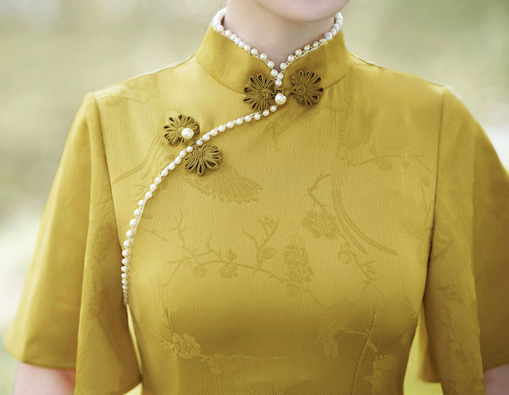 Pink Yellow Jacquard Flutter Sleeve Cheongsam Qi Pao Dress