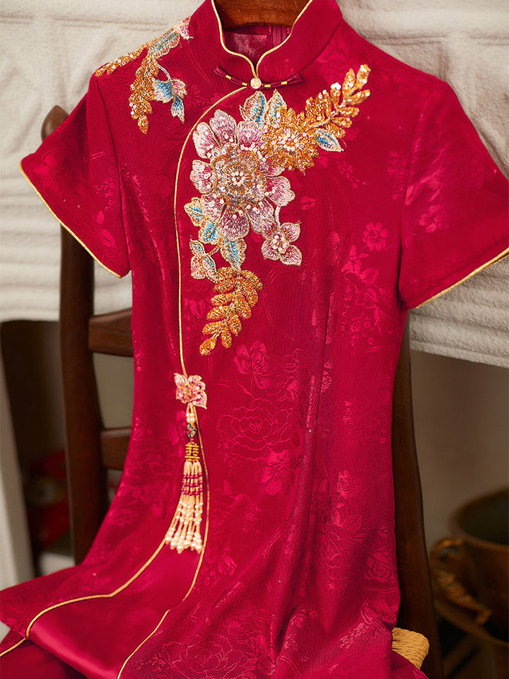 Red Embroidered A-Line Wedding Bridal Cheongsam Qipao Dress