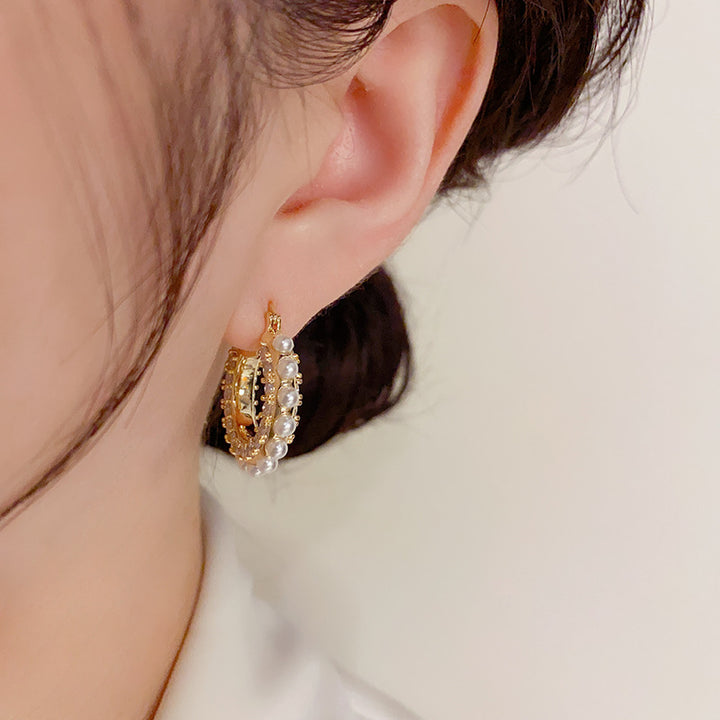 Gold Plated Rhinestone Pearls Hoop Earrings