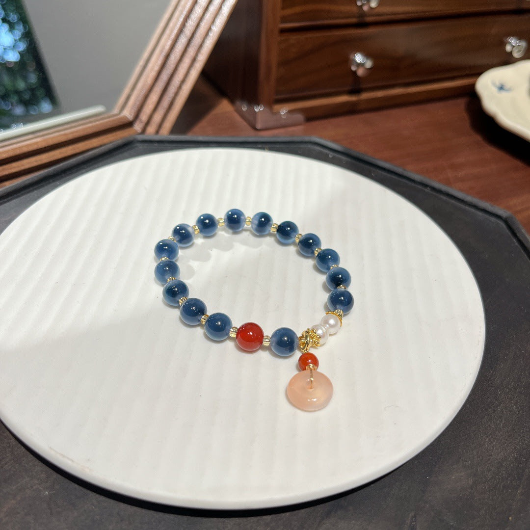 Blue Agate Beads Safety Buckle Pendant Woman Bracelets