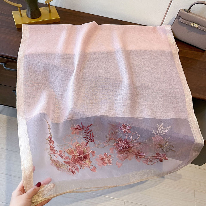 Embroidered Floral Mulberry Silk Women Lightweight Scarf Shawl