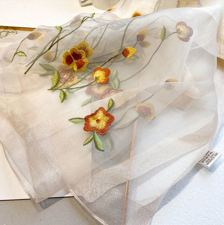 Embroidered Floral Mulberry Silk Women Scarf Shawl