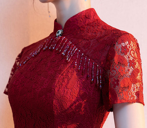 Red Lace Tassels Fishtail Bride Wedding Cheongsam Gown