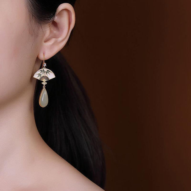 Rhinestone Sector Jade Dangle Drop Earrings