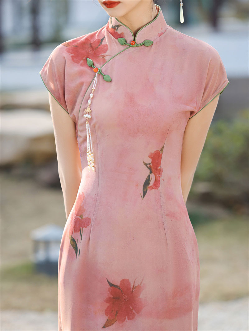 2024 Pink Floral Print Cheongsam Qipao Dress