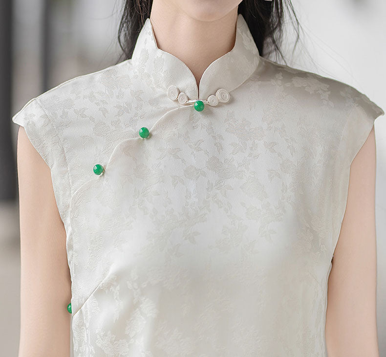 White Jacquard Floral Long Cheongsam Qipao Dress