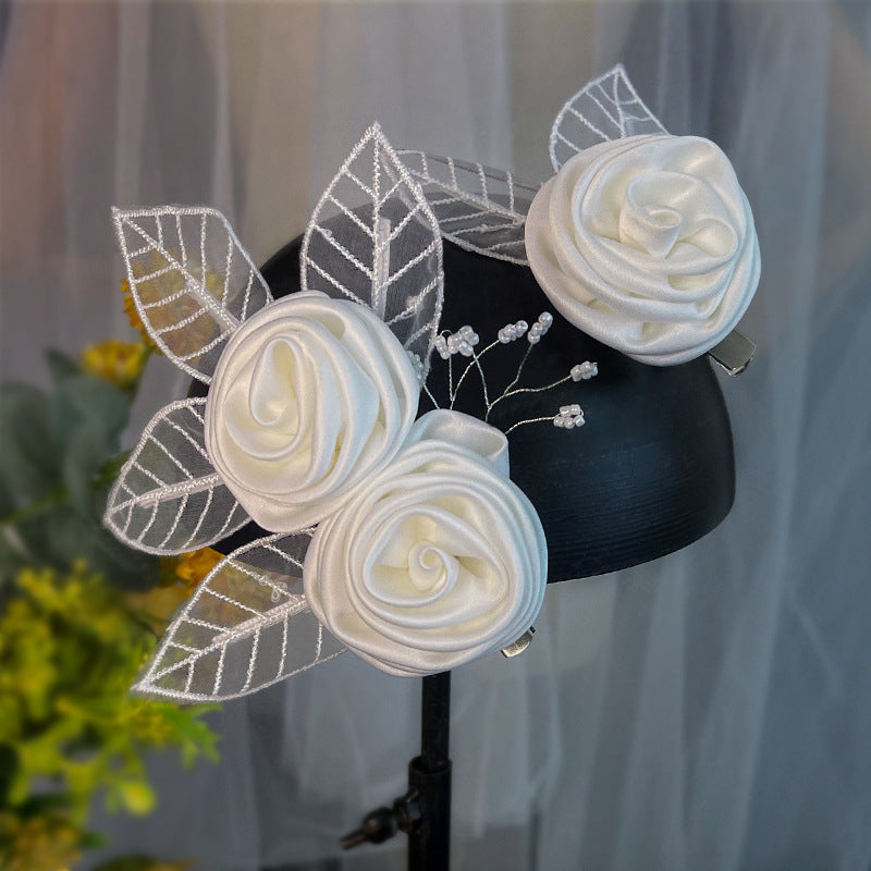 2 Pcs White Rose Hair Clip Bride Flower Hairpin