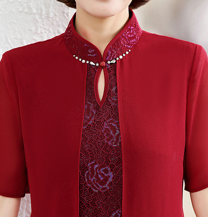 Red Blue Floral Mothers A-Line Qipao Cheongsam Dress