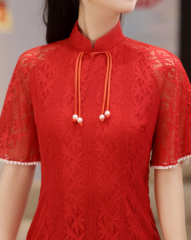 Red Purple Lace Midi Cheongsam Qipao Dress