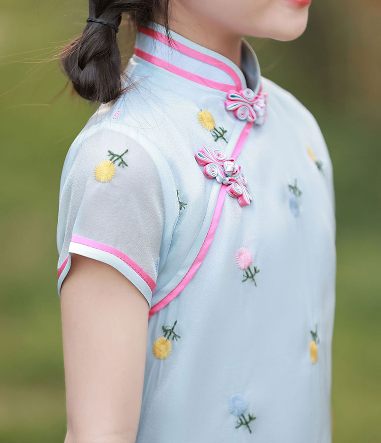 2023 Blue Embroidered Kids Girls Qipao Cheongsam Dress