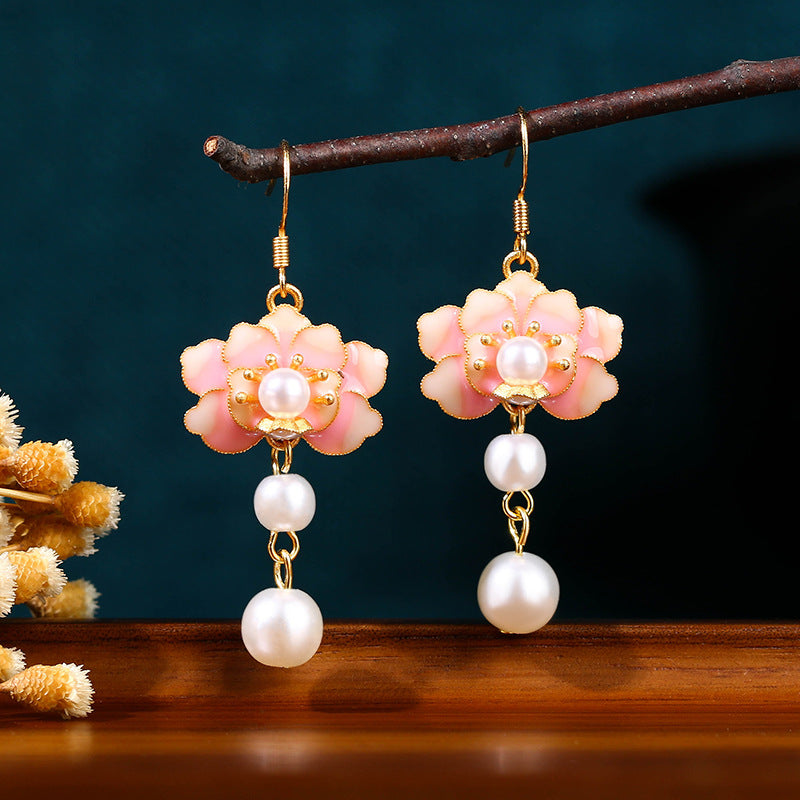 Pink Blue Vintage Pearls Lotus Drop Dangle Earrings