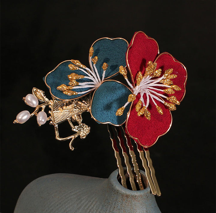 3 Pcs Bridal Red Blue Flower Hairpins Clips & Earrings