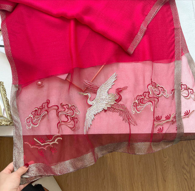 Embroidered Crane Bird Mulberry Silk Women Scarf Shawl