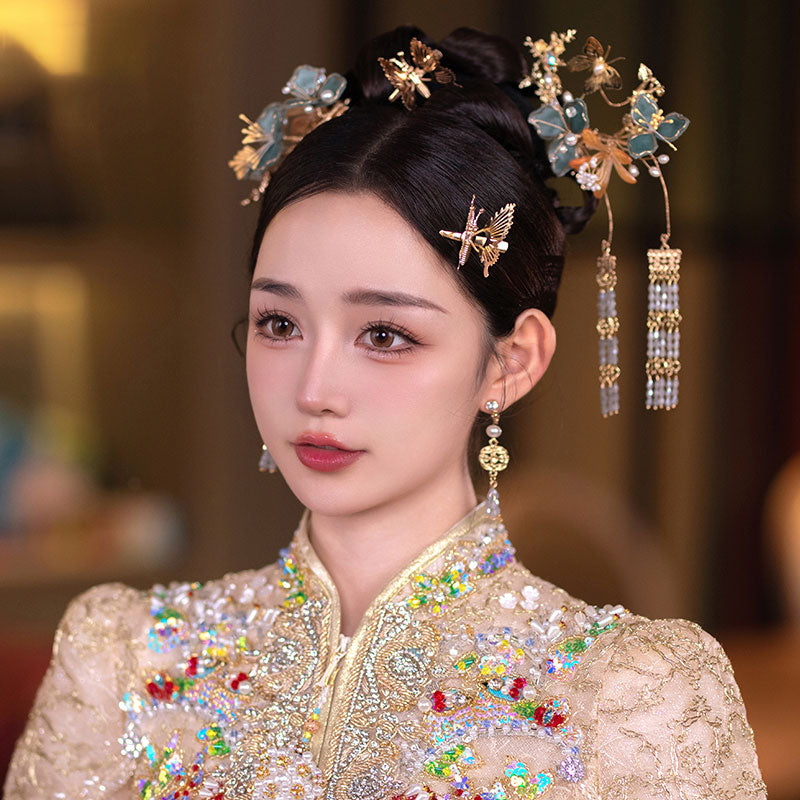 4 Pcs Bridal Blue Flower Butterfly Hair Pins Clips & Earrings