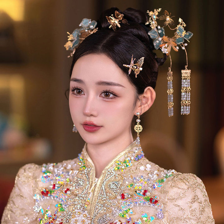 4 Pcs Bridal Blue Flower Butterfly Hair Pins Clips & Earrings