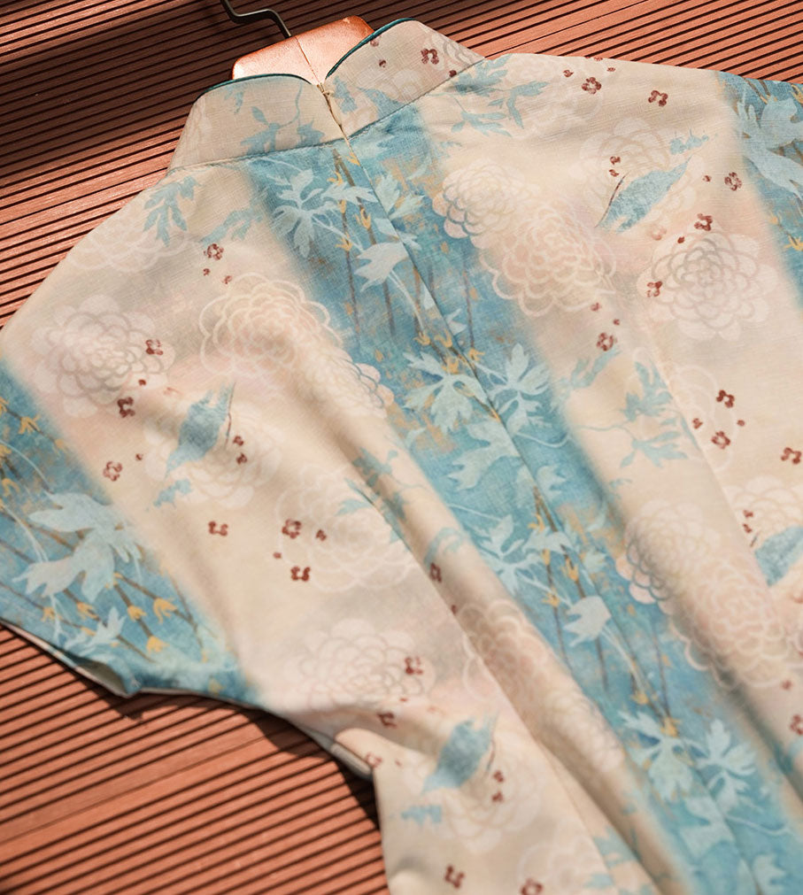 Blue Floral Tencel Linen Cheongsam Qipao Dress