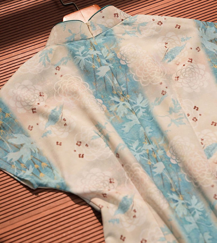 Blue Floral Tencel Linen Cheongsam Qipao Dress