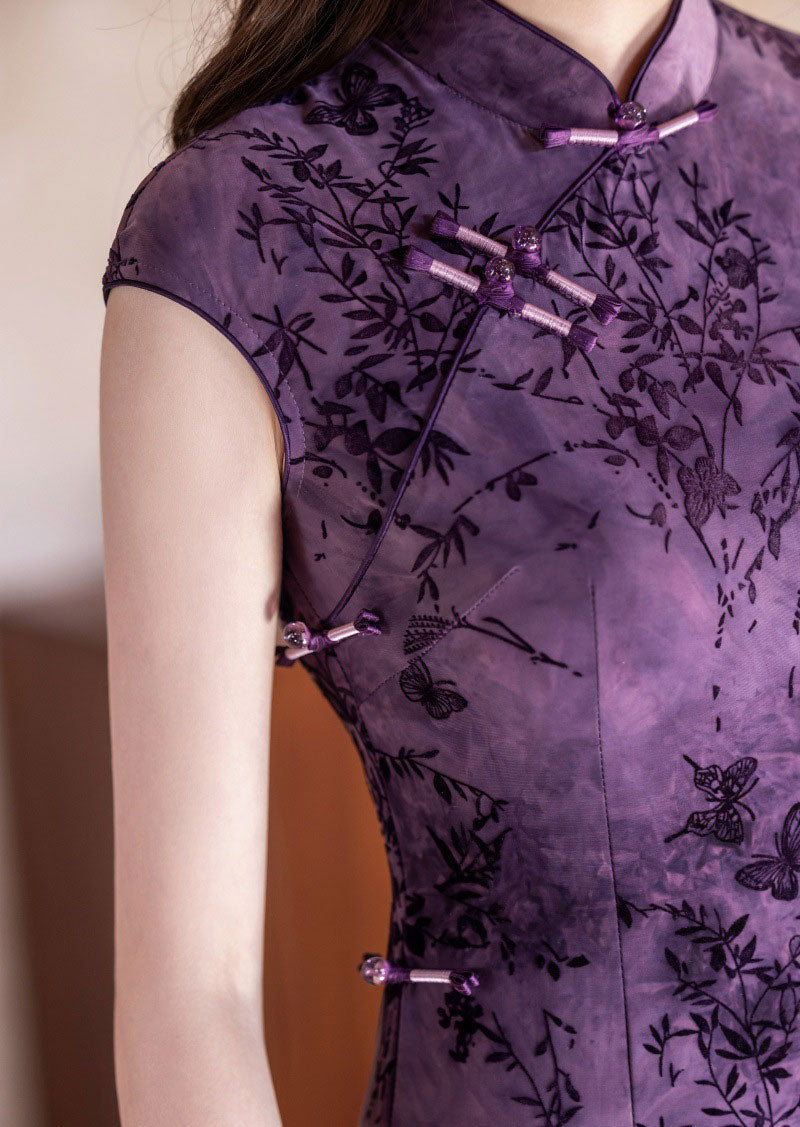 Purple Floral Velvet Long Qipao Cheongsam Dress