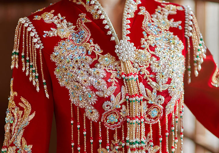 Beads Appliques Tassels V-Neck Bridal Qun Gua Xiuhe