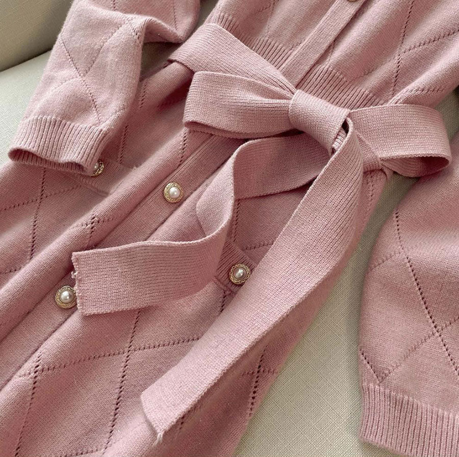 Pink Winter Knit Sweater Belt Midi A-line Dress
