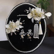 2 Pcs White Pearls Tassels Flower Wedding Hair Pins & Earrings