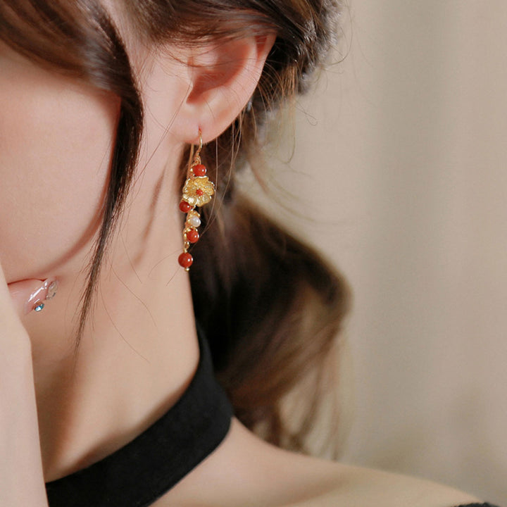 Pearls Agate Alloy Flower Dangle Clip-on Hook Earrings