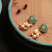 Gold Plated Leaf Pearl Jade Drop Dangle Earrings