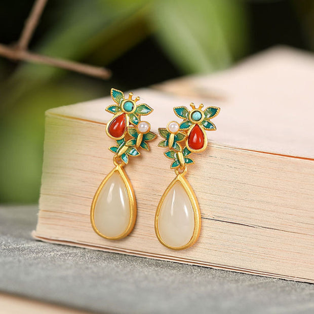 Gold Plated Butterfly Jade Drop Dangle Earrings