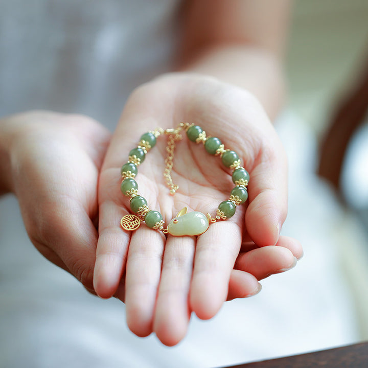 Jade Chinese Zodiac Rabbit Silver Beads Bracelets