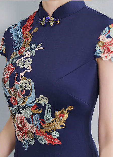 Blue Thigh Split Fishtail Phoenix Cheongsam Qipao Dress