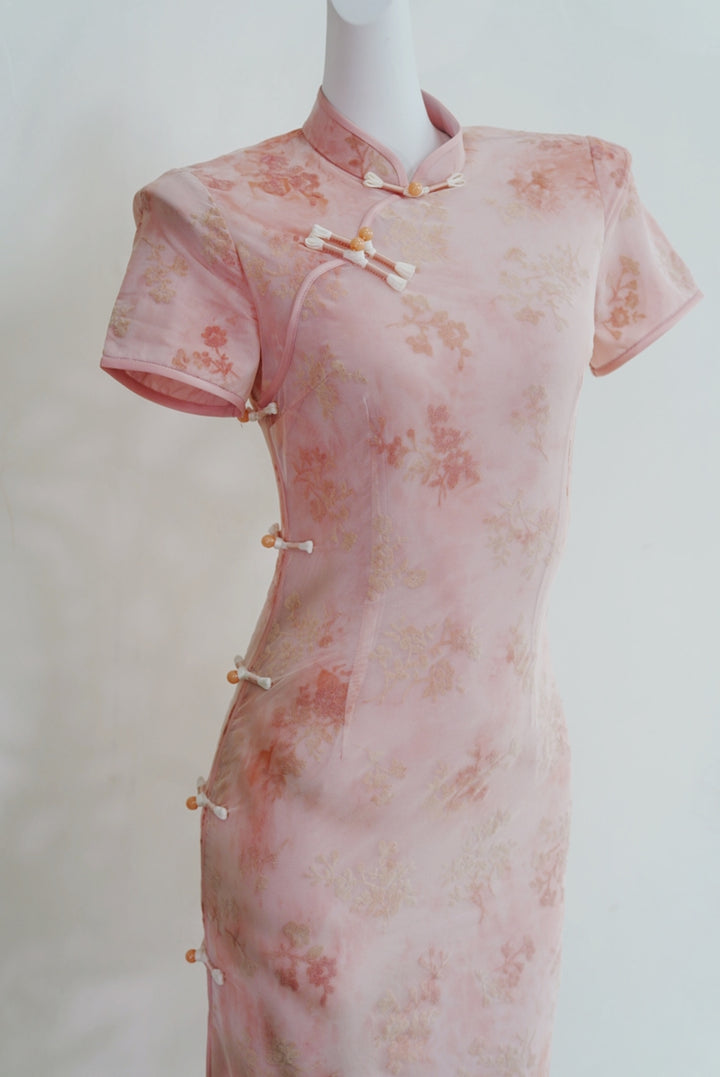 Pink Green Jacquard Velvet Cheongsam Qipao Dress