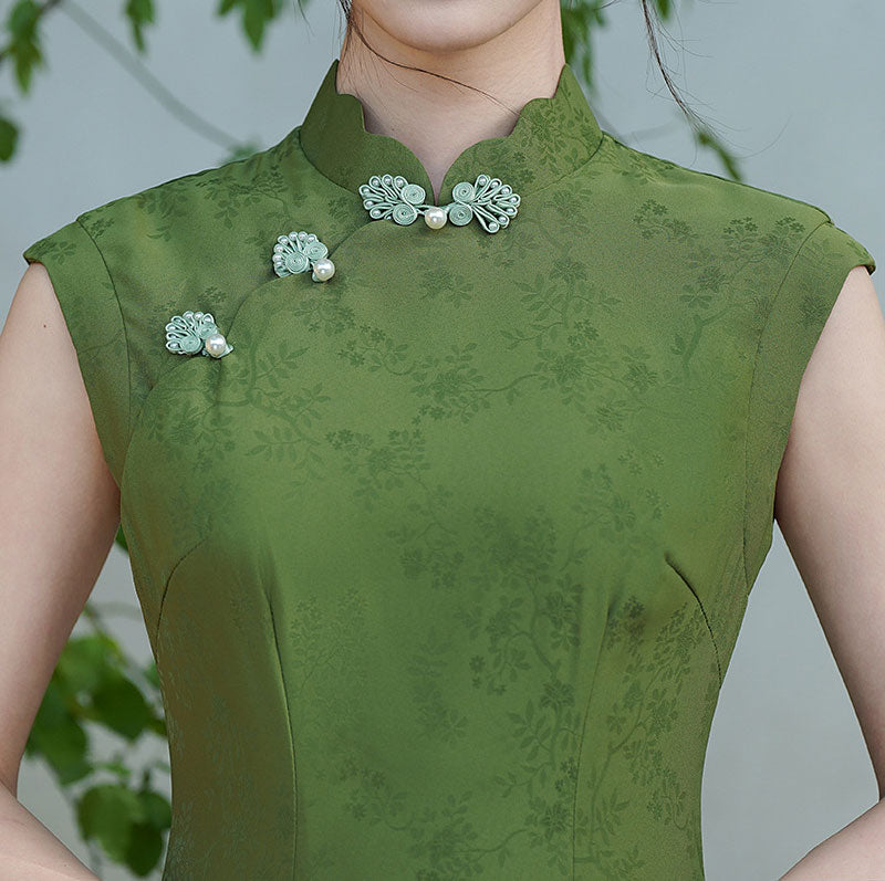 Green Jacquard Floral Maxi Qipao Cheongsam Dress