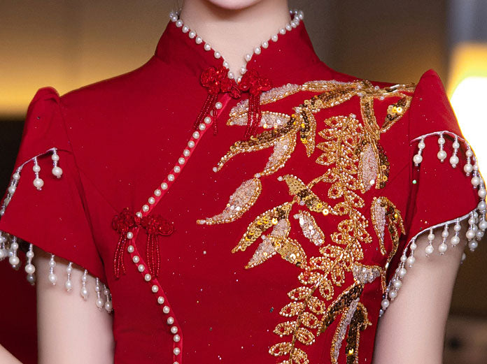 Burgundy Shimmer Appliques Fishtail Wedding Cheongsam Dress
