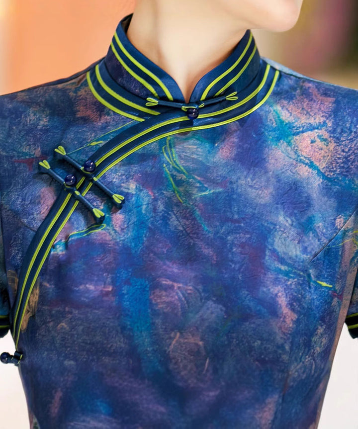 Blue Print Silk Long Qipao Cheongsam Dress