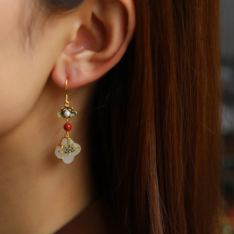 Gold Plated Flower Jade Drop Dangle Earrings