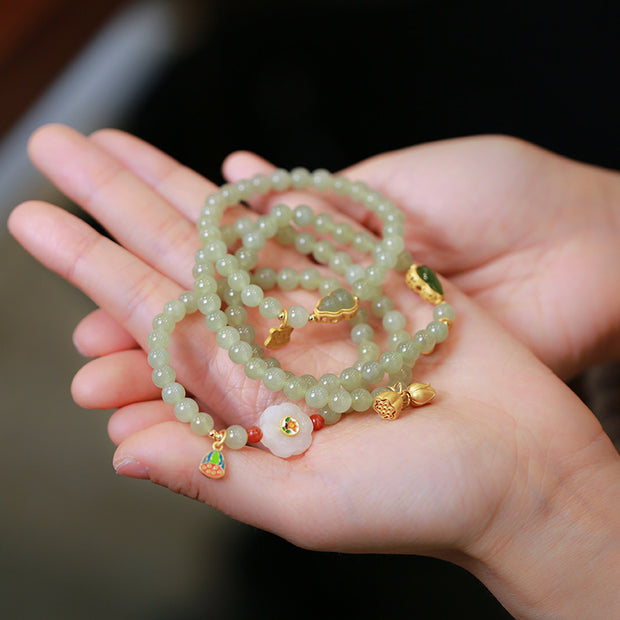 Green Jade Beads Silver Lotus Pendant Woman Bracelets