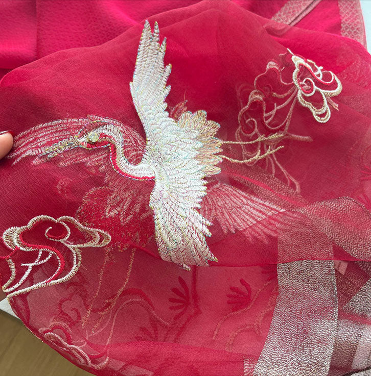 Embroidered Crane Bird Mulberry Silk Women Scarf Shawl