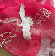 Embroidered Crane Bird Mulberry Silk Women Scarf Shawl