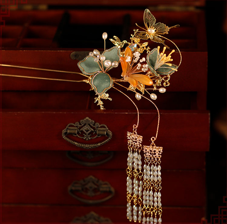 4 Pcs Bridal Blue Flower Butterfly Hair Pins Clips & Earrings