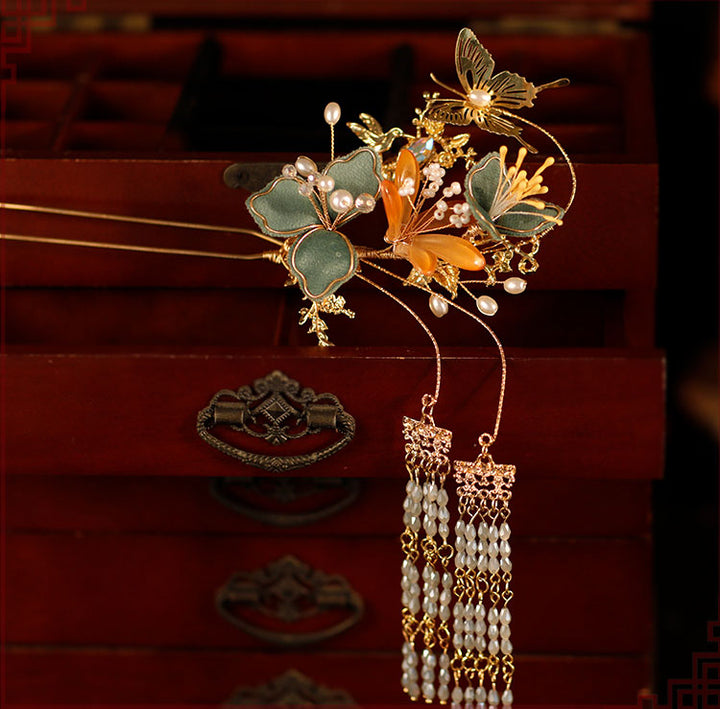 4 Pcs Bridal Blue Flower Butterfly Hair Pins Clips & Earrings