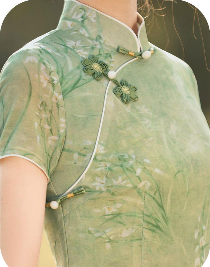 2024 Summer Green Floral Print Cheongsam Qipao Dress